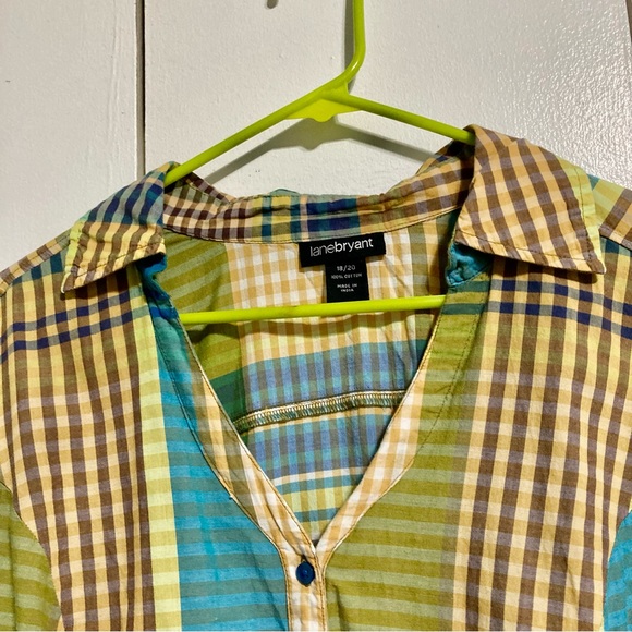 LANE BRYANT Plaid Shirt 100% Cotton Checkered Green Blue Yellow Womens 2X - Picture 13 of 16